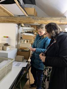 Museumsmitarbeiterinnen Kristin Houschka und Caroline Janick im Magazin der archäologischen Sammlung. ©Städtisches Museum