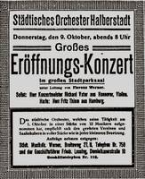 Annonce zum Eröffnungskonzert. Städtisches Orchester, 9. Oktober 1919 ©Städtisches Museum Halberstadt