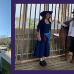 Blick zur Martinikirche mit der Westturmfront/  Türmer Konrad und Türmerin Johanna