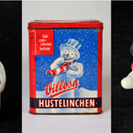 Schneemann auf Bonbon-Dose, um 1930  03: Schneemann als Pralinenverpackung, um 1920, Schneemann-Szene auf Weihnachtsteller, um 1930, Schneemann als Kerzenhalter, um 1980 ©Städtisches Museum Halberstadt