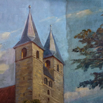 Walter Gemm: „Ansicht der Paulskirche“ 1934, Detail mit Turmbereich während der Restaurierung 2024.