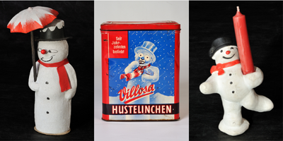 Schneemann auf Bonbon-Dose, um 1930  03: Schneemann als Pralinenverpackung, um 1920, Schneemann-Szene auf Weihnachtsteller, um 1930, Schneemann als Kerzenhalter, um 1980 ©Städtisches Museum