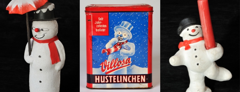 Schneemann auf Bonbon-Dose, um 1930  03: Schneemann als Pralinenverpackung, um 1920, Schneemann-Szene auf Weihnachtsteller, um 1930, Schneemann als Kerzenhalter, um 1980